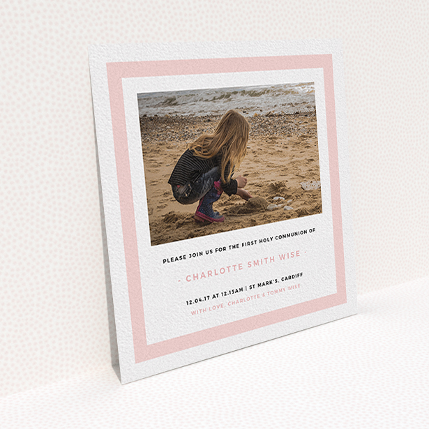 A communion invitation design named "Big Pink". It is a square (148mm x 148mm) invite in a square orientation. It is a photographic communion invitation with room for 1 photo. "Big Pink" is available as a flat invite, with tones of pink and white.