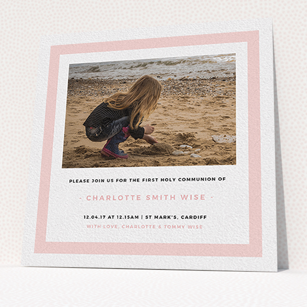 A communion invitation design named "Big Pink". It is a square (148mm x 148mm) invite in a square orientation. It is a photographic communion invitation with room for 1 photo. "Big Pink" is available as a flat invite, with tones of pink and white.