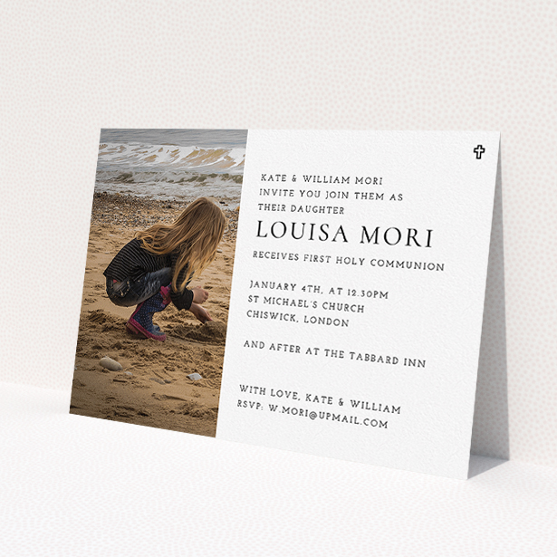 A communion invitation template titled 'Cross Outline'. It is an A5 invite in a landscape orientation. It is a photographic communion invitation with room for 1 photo. 'Cross Outline' is available as a flat invite, with mainly white colouring.