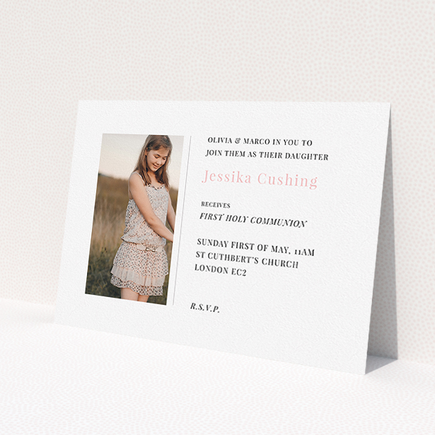 A communion invitation design called 'Simple Side Frame'. It is an A5 invite in a landscape orientation. It is a photographic communion invitation with room for 1 photo. 'Simple Side Frame' is available as a flat invite, with tones of white and pink.