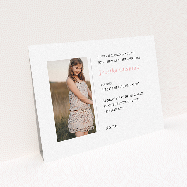 A communion invitation design called "Simple Side Frame". It is an A5 invite in a landscape orientation. It is a photographic communion invitation with room for 1 photo. "Simple Side Frame" is available as a flat invite, with tones of white and pink.