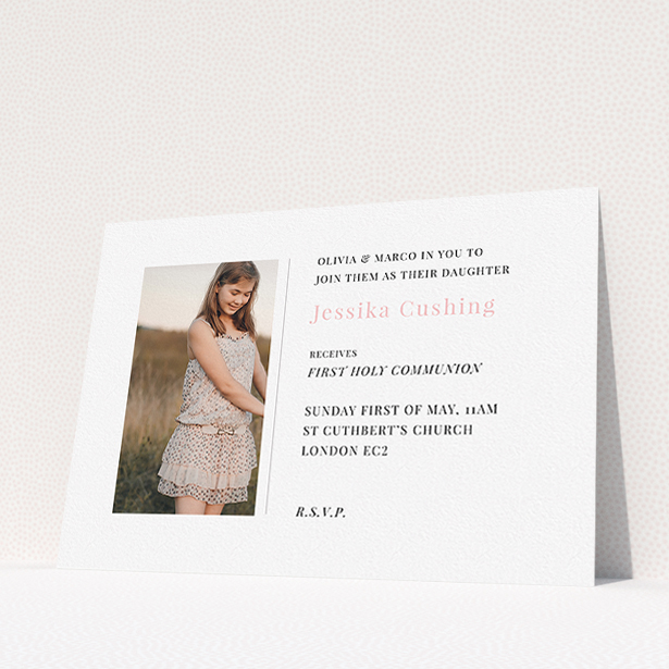 A communion invitation design called "Simple Side Frame". It is an A5 invite in a landscape orientation. It is a photographic communion invitation with room for 1 photo. "Simple Side Frame" is available as a flat invite, with tones of white and pink.