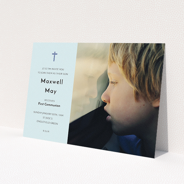 A communion invite card called 'Blue Side Frame'. It is an A5 invite in a landscape orientation. It is a photographic communion invite card with room for 1 photo. 'Blue Side Frame' is available as a flat invite, with mainly blue colouring.