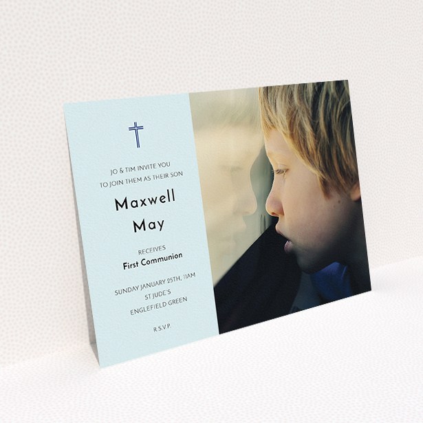 A communion invite card called "Blue Side Frame". It is an A5 invite in a landscape orientation. It is a photographic communion invite card with room for 1 photo. "Blue Side Frame" is available as a flat invite, with mainly blue colouring.