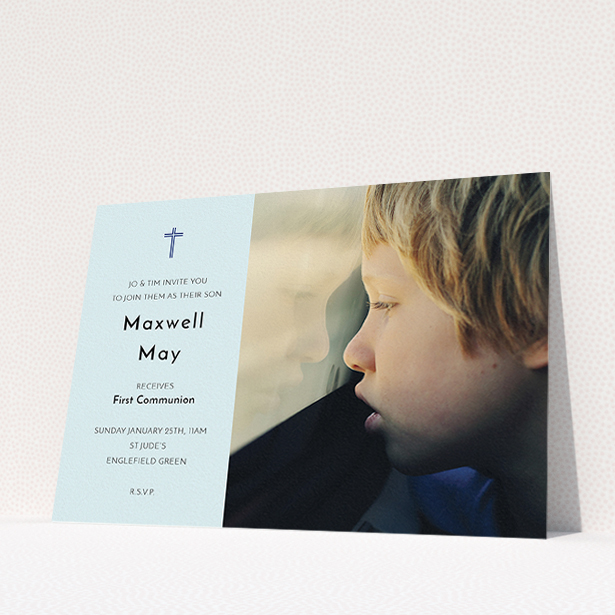 A communion invite card called "Blue Side Frame". It is an A5 invite in a landscape orientation. It is a photographic communion invite card with room for 1 photo. "Blue Side Frame" is available as a flat invite, with mainly blue colouring.