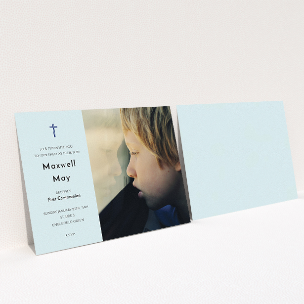 A communion invite card called "Blue Side Frame". It is an A5 invite in a landscape orientation. It is a photographic communion invite card with room for 1 photo. "Blue Side Frame" is available as a flat invite, with mainly blue colouring.