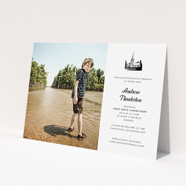 A communion invite card template titled 'Church Stamp'. It is an A6 invite in a landscape orientation. It is a photographic communion invite card with room for 1 photo. 'Church Stamp' is available as a flat invite, with mainly white colouring.