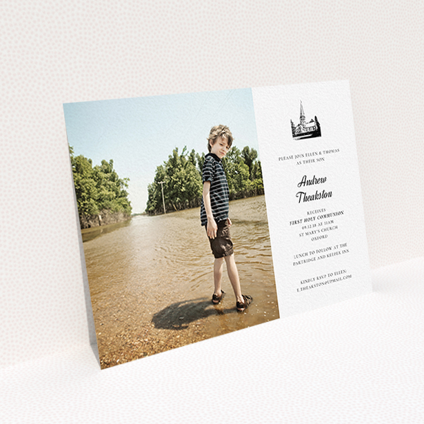 A communion invite card template titled "Church Stamp". It is an A6 invite in a landscape orientation. It is a photographic communion invite card with room for 1 photo. "Church Stamp" is available as a flat invite, with mainly white colouring.