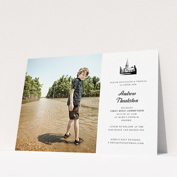 A communion invite card template titled "Church Stamp". It is an A6 invite in a landscape orientation. It is a photographic communion invite card with room for 1 photo. "Church Stamp" is available as a flat invite, with mainly white colouring.