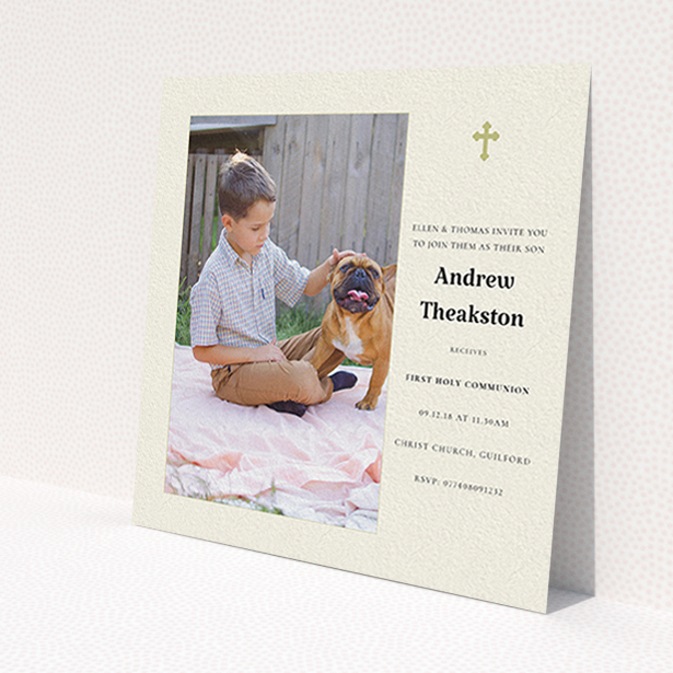 A communion invite card design titled 'Cream and Gold'. It is a square (148mm x 148mm) invite in a square orientation. It is a photographic communion invite card with room for 1 photo. 'Cream and Gold' is available as a flat invite, with tones of cream and gold.