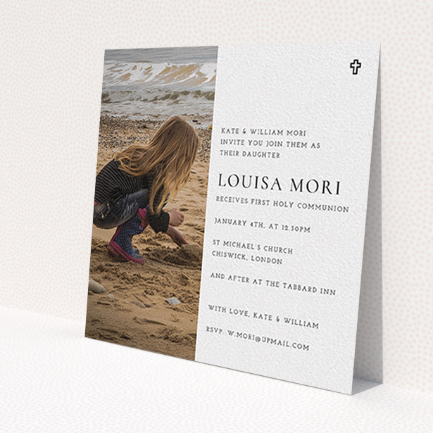 A communion invite card template titled 'Cross Outline'. It is a square (148mm x 148mm) invite in a square orientation. It is a photographic communion invite card with room for 1 photo. 'Cross Outline' is available as a flat invite, with mainly white colouring.