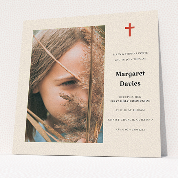 A communion invite card design named "Red Cross". It is a square (148mm x 148mm) invite in a square orientation. It is a photographic communion invite card with room for 1 photo. "Red Cross" is available as a flat invite, with tones of red and cream.
