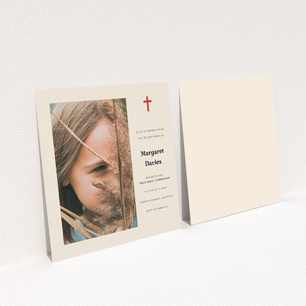 A communion invite card design named "Red Cross". It is a square (148mm x 148mm) invite in a square orientation. It is a photographic communion invite card with room for 1 photo. "Red Cross" is available as a flat invite, with tones of red and cream.