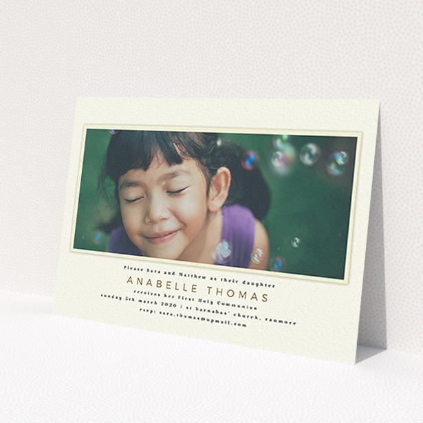 A communion invite card design named 'Torn Cream Mount'. It is an A6 invite in a landscape orientation. It is a photographic communion invite card with room for 1 photo. 'Torn Cream Mount' is available as a flat invite, with mainly cream colouring.