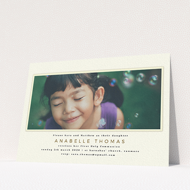 A communion invite card design named "Torn Cream Mount". It is an A6 invite in a landscape orientation. It is a photographic communion invite card with room for 1 photo. "Torn Cream Mount" is available as a flat invite, with mainly cream colouring.