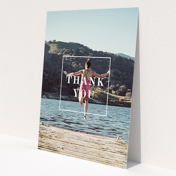 A communion thank you card template titled 'Central Thanks'. It is an A5 card in a portrait orientation. It is a photographic communion thank you card with room for 1 photo. 'Central Thanks' is available as a flat card, with mainly white colouring.