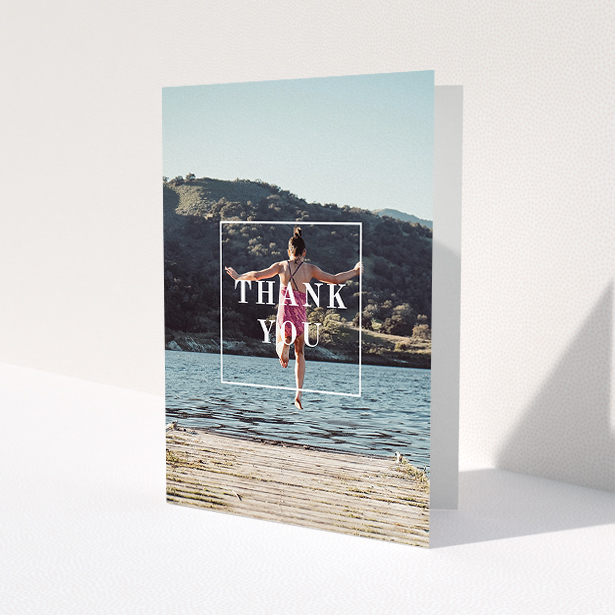 A communion thank you card template titled 'Central Thanks'. It is an A5 card in a portrait orientation. It is a photographic communion thank you card with room for 1 photo. 'Central Thanks' is available as a folded card, with mainly white colouring.