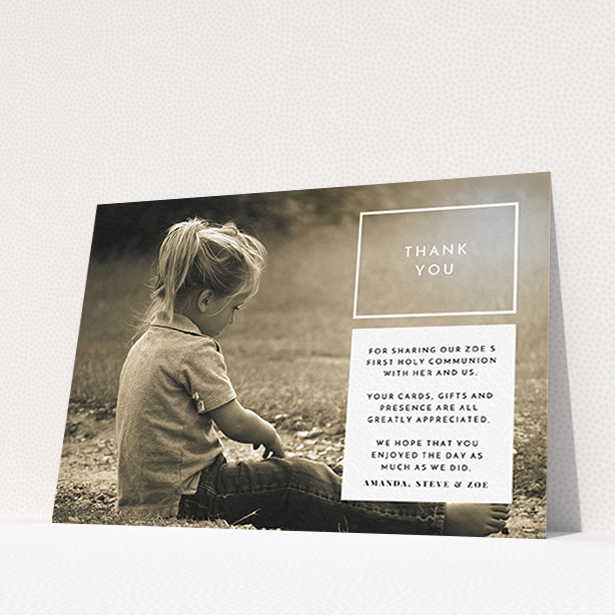 A communion thank you card called "Modern Side Frame". It is an A6 card in a landscape orientation. It is a photographic communion thank you card with room for 1 photo. "Modern Side Frame" is available as a flat card, with mainly white colouring.