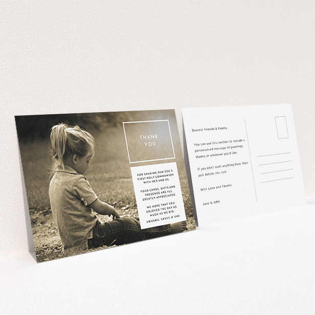 A communion thank you card called "Modern Side Frame". It is an A6 card in a landscape orientation. It is a photographic communion thank you card with room for 1 photo. "Modern Side Frame" is available as a flat card, with mainly white colouring.
