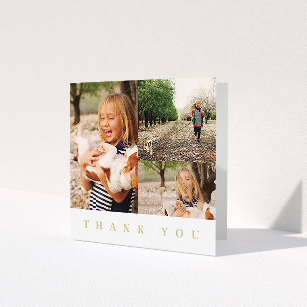 A communion thank you card design named 'One and Two Half Frames'. It is a square (148mm x 148mm) card in a square orientation. It is a photographic communion thank you card with room for 3 photos. 'One and Two Half Frames' is available as a folded card, with tones of white and gold.