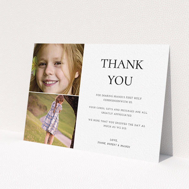 A communion thank you card design titled 'Stacked Frames in Thirds'. It is an A6 card in a landscape orientation. It is a photographic communion thank you card with room for 2 photos. 'Stacked Frames in Thirds' is available as a flat card, with mainly white colouring.