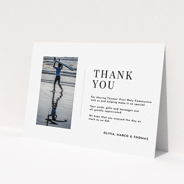 A communion thank you card template titled 'Tiny Portrait'. It is an A6 card in a landscape orientation. It is a photographic communion thank you card with room for 1 photo. 'Tiny Portrait' is available as a flat card, with mainly white colouring.