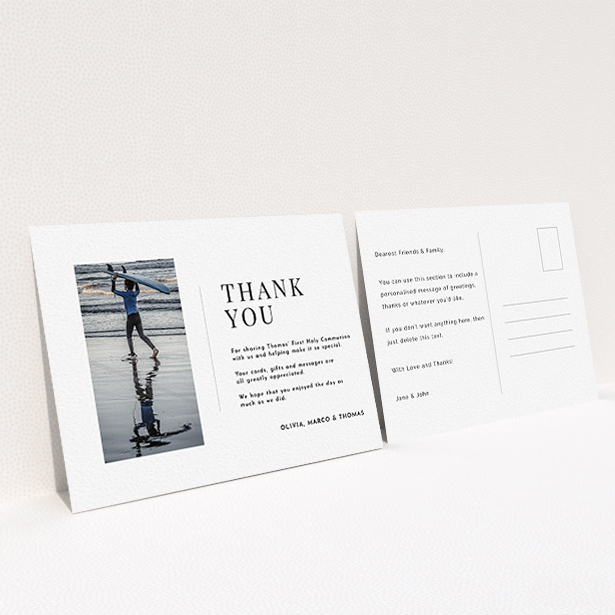 A communion thank you card template titled "Tiny Portrait". It is an A6 card in a landscape orientation. It is a photographic communion thank you card with room for 1 photo. "Tiny Portrait" is available as a flat card, with mainly white colouring.