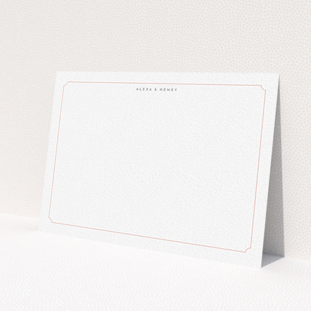 A couples correspondence card design called 'Pink circle border'. It is an A6 card in a landscape orientation. 'Pink circle border' is available as a flat card, with tones of white and pink.