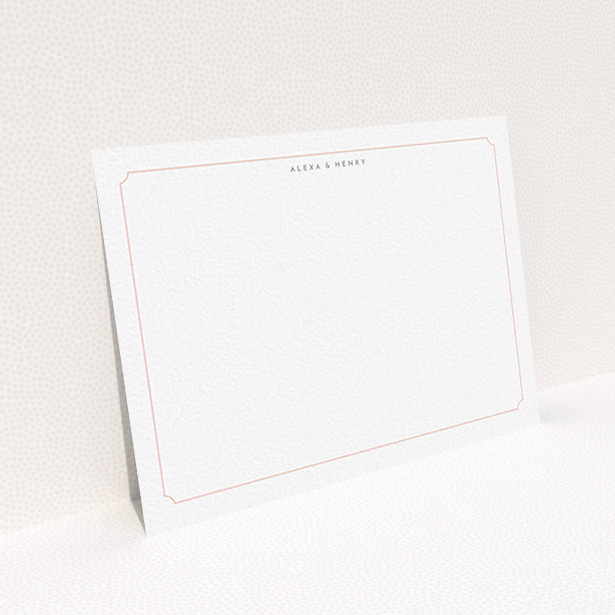 A couples correspondence card design called "Pink circle border". It is an A6 card in a landscape orientation. "Pink circle border" is available as a flat card, with tones of white and pink.
