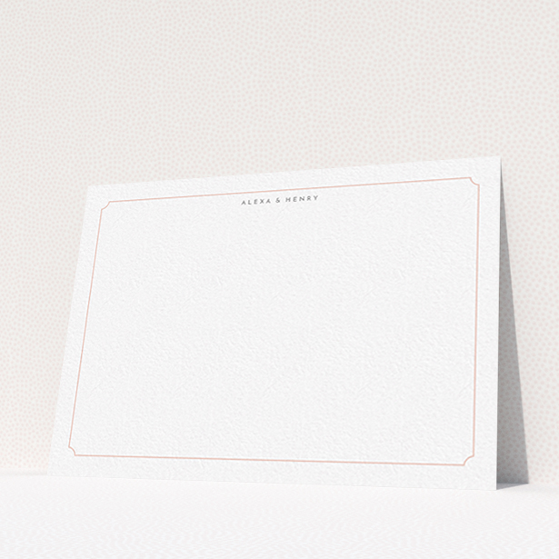 A couples correspondence card design called "Pink circle border". It is an A6 card in a landscape orientation. "Pink circle border" is available as a flat card, with tones of white and pink.