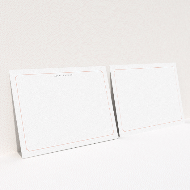 A couples correspondence card design called "Pink circle border". It is an A6 card in a landscape orientation. "Pink circle border" is available as a flat card, with tones of white and pink.