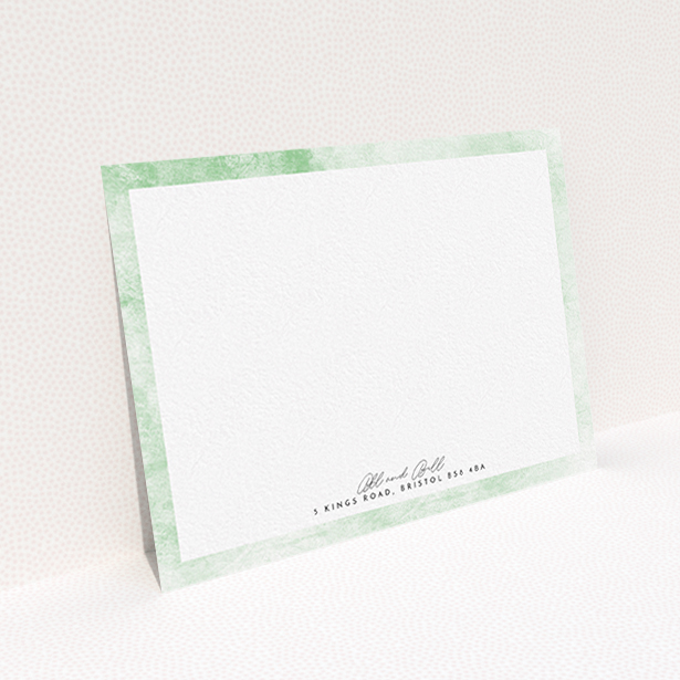 A couples correspondence card design called "Rustic Green". It is an A6 card in a landscape orientation. "Rustic Green" is available as a flat card, with tones of green and white.