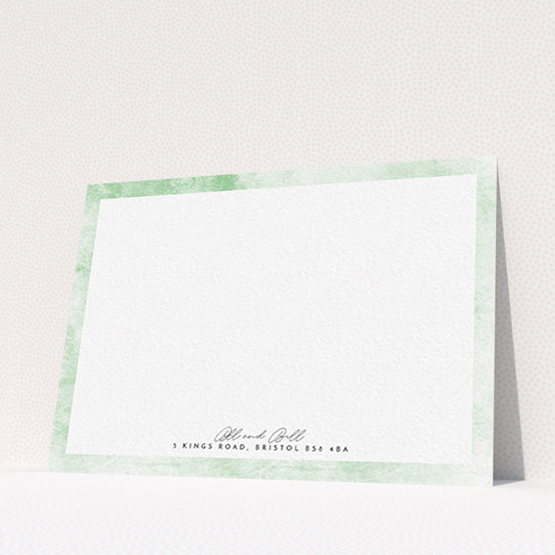 A couples correspondence card design called "Rustic Green". It is an A6 card in a landscape orientation. "Rustic Green" is available as a flat card, with tones of green and white.