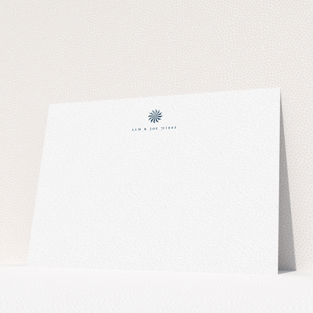 A couples correspondence card design called "Shaded sundial". It is an A6 card in a landscape orientation. "Shaded sundial" is available as a flat card, with tones of white and Navy blue.
