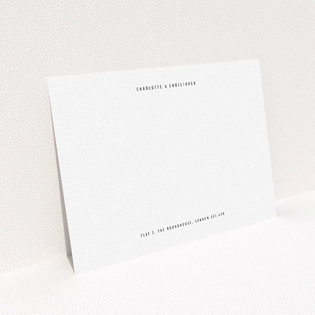 A couples correspondence card design named "Top and bottom". It is an A6 card in a landscape orientation. "Top and bottom" is available as a flat card, with mainly white colouring.