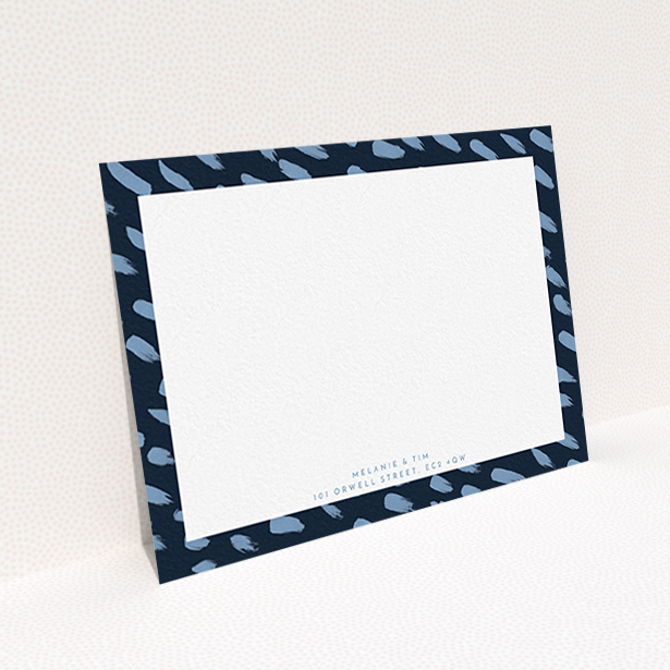 A couples custom writing stationery named "Blue smudge". It is an A6 card in a landscape orientation. "Blue smudge" is available as a flat card, with tones of blue and white.