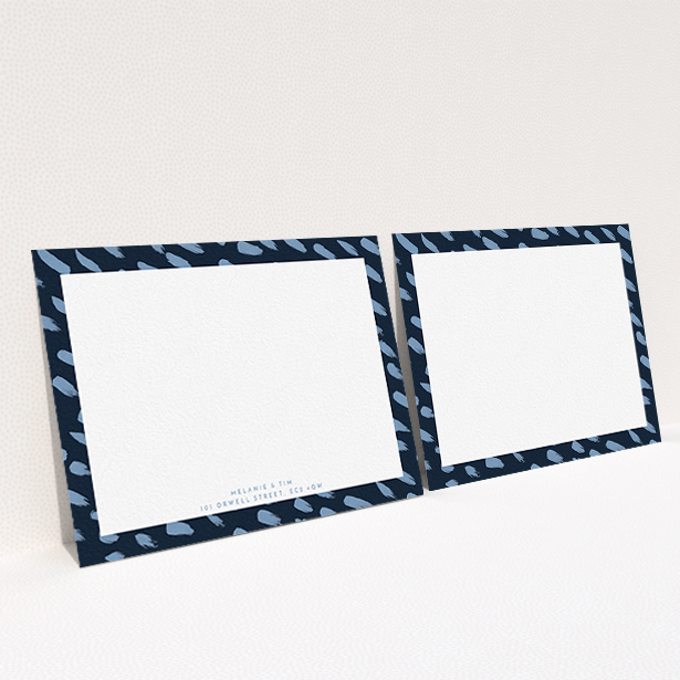 A couples custom writing stationery named "Blue smudge". It is an A6 card in a landscape orientation. "Blue smudge" is available as a flat card, with tones of blue and white.