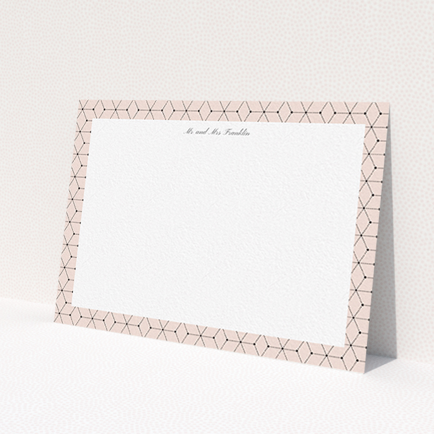 A couples custom writing stationery design called 'Connect the dots'. It is an A6 card in a landscape orientation. 'Connect the dots' is available as a flat card, with tones of pink and white.