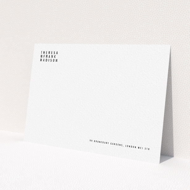 A couples custom writing stationery named 'Corner to corner'. It is an A6 card in a landscape orientation. 'Corner to corner' is available as a flat card, with mainly white colouring.
