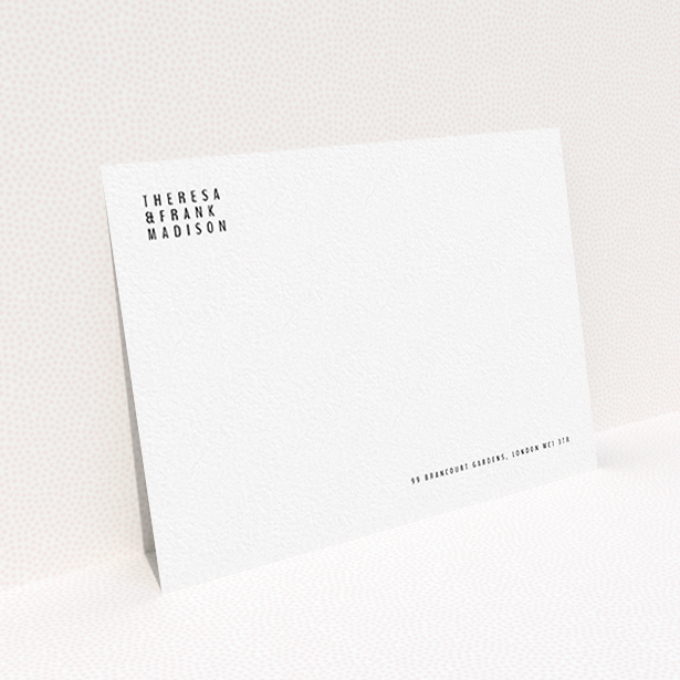 A couples custom writing stationery named "Corner to corner". It is an A6 card in a landscape orientation. "Corner to corner" is available as a flat card, with mainly white colouring.