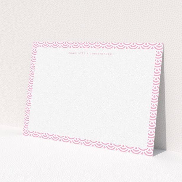 A couples custom writing stationery template titled 'Pink Fan Pattern'. It is an A6 card in a landscape orientation. 'Pink Fan Pattern' is available as a flat card, with tones of pink and white.