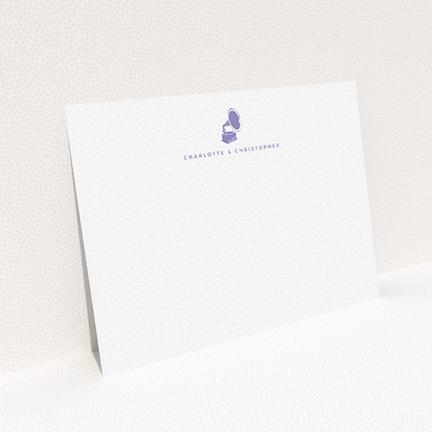 A couples custom writing stationery template titled "Purple sound". It is an A6 card in a landscape orientation. "Purple sound" is available as a flat card, with tones of white and purple.