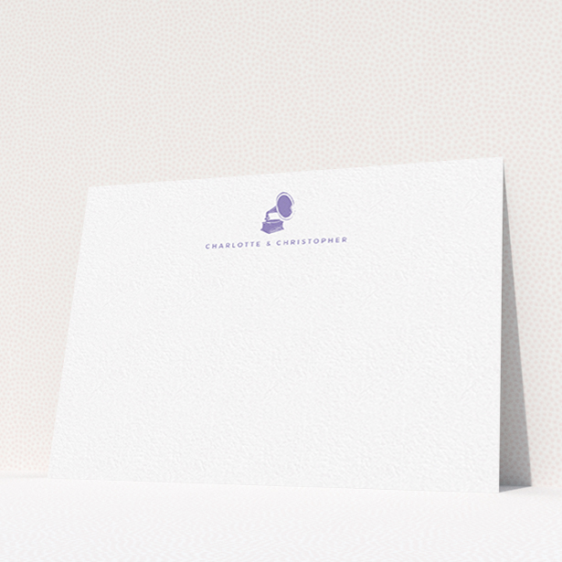 A couples custom writing stationery template titled "Purple sound". It is an A6 card in a landscape orientation. "Purple sound" is available as a flat card, with tones of white and purple.