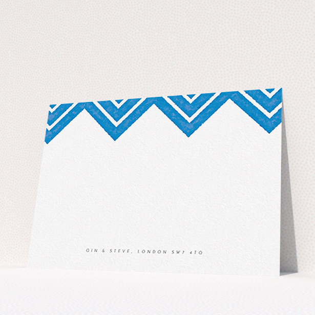 A couples custom writing stationery design named "Skiapthos". It is an A6 card in a landscape orientation. "Skiapthos" is available as a flat card, with tones of blue and white.