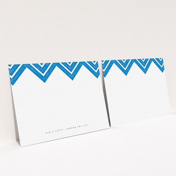 A couples custom writing stationery design named "Skiapthos". It is an A6 card in a landscape orientation. "Skiapthos" is available as a flat card, with tones of blue and white.