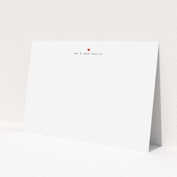 A couples custom writing stationery design called 'Small heart'. It is an A6 card in a landscape orientation. 'Small heart' is available as a flat card, with tones of white and Red.
