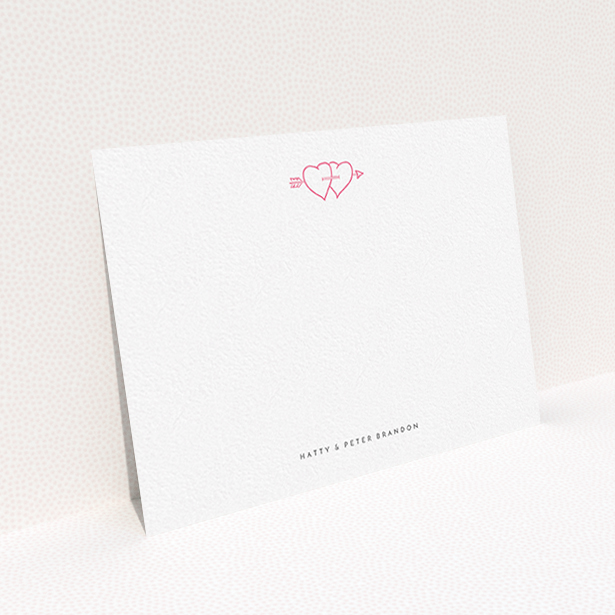 A couples custom writing stationery design titled "Through the hearts". It is an A6 card in a landscape orientation. "Through the hearts" is available as a flat card, with tones of white and pink.