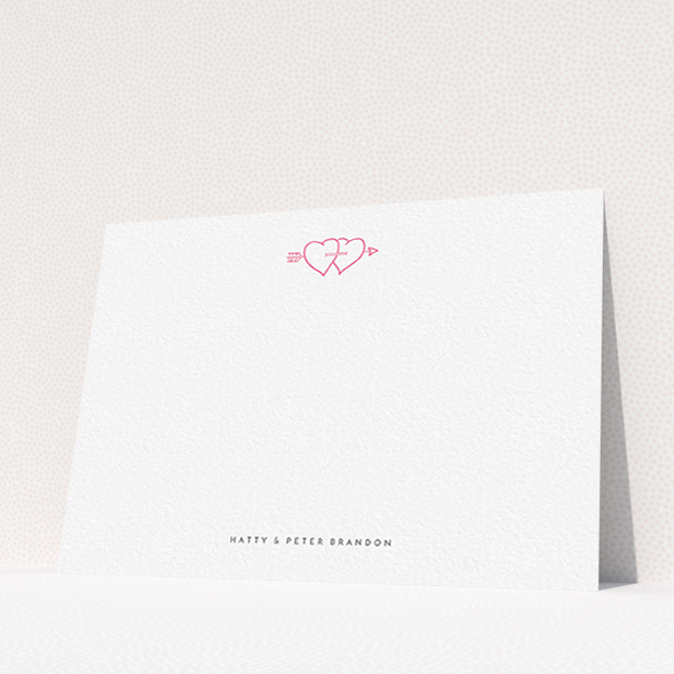 A couples custom writing stationery design titled "Through the hearts". It is an A6 card in a landscape orientation. "Through the hearts" is available as a flat card, with tones of white and pink.