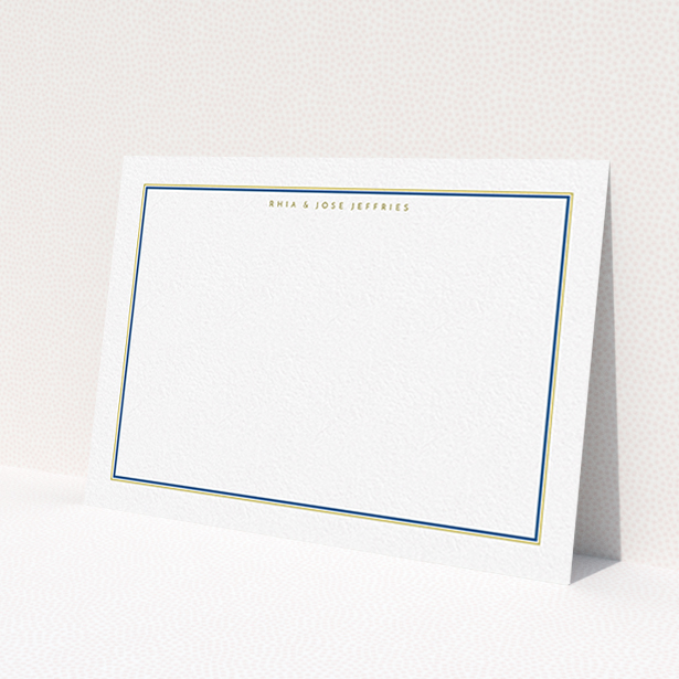 A couples personalised note card called 'Blue and gold'. It is an A6 card in a landscape orientation. 'Blue and gold' is available as a flat card, with mainly white colouring.