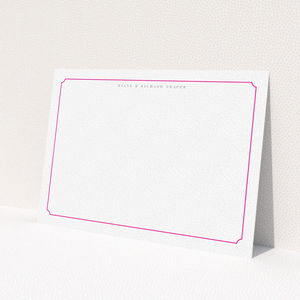 A couples personalised note card design titled 'Bright pink border'. It is an A6 card in a landscape orientation. 'Bright pink border' is available as a flat card, with tones of white and pink.